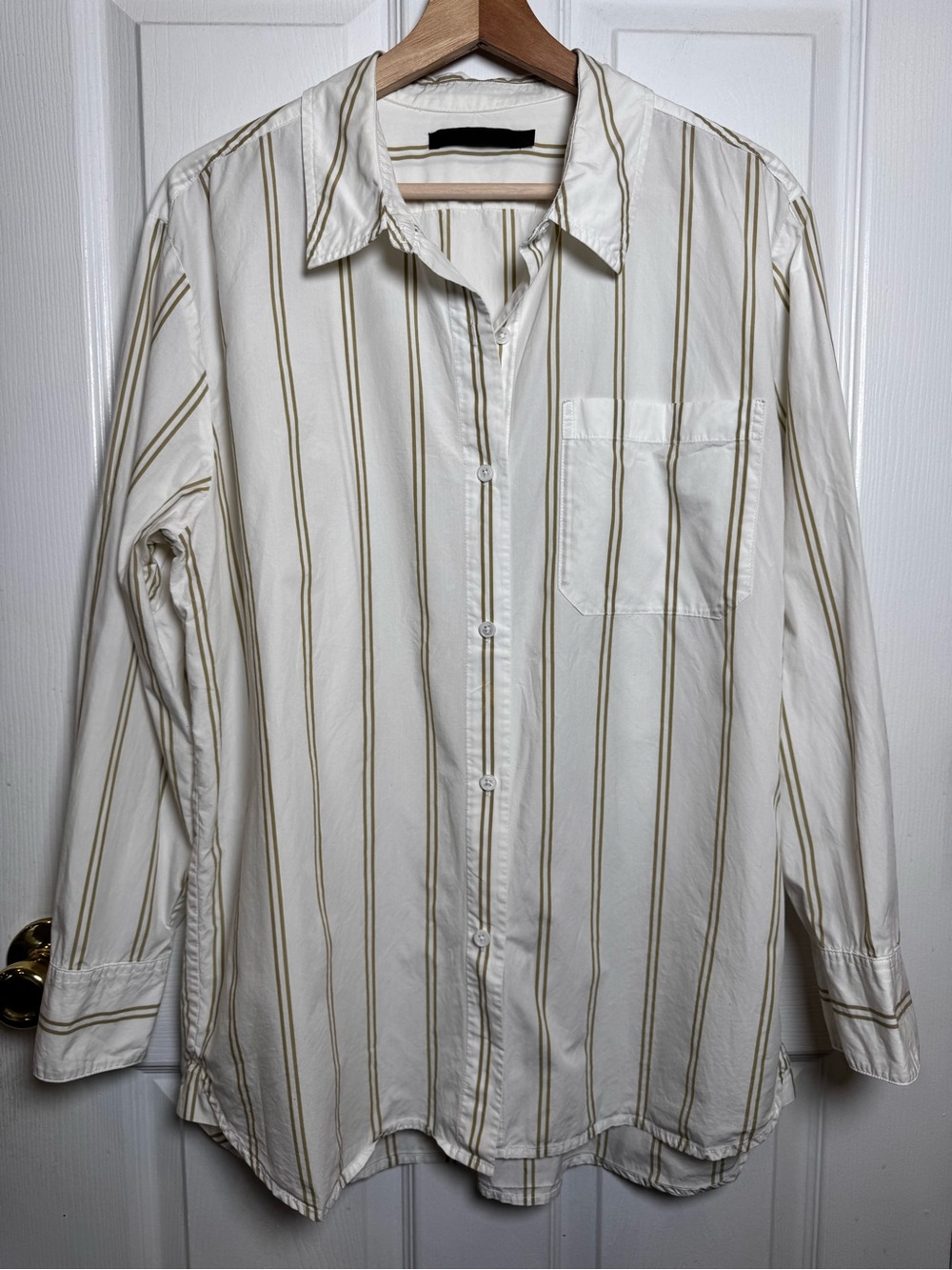 Jenni Kayne Boyfriend Shirt Large White Khaki Stripe Cotton Quiet Luxury Classic